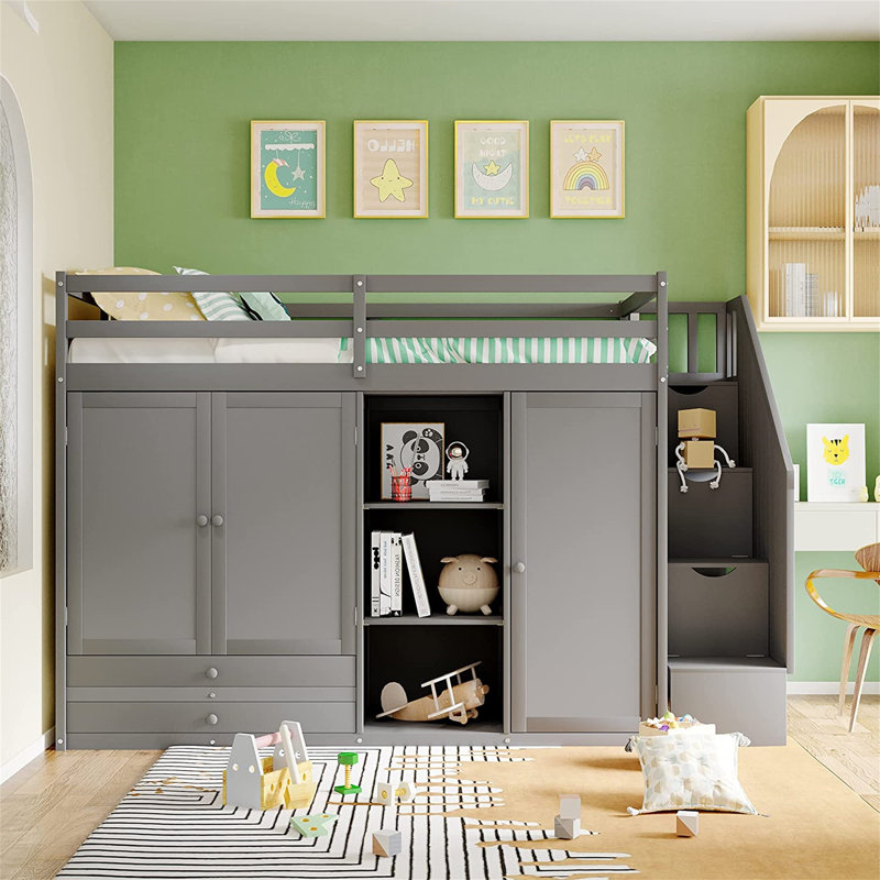 Gaspare Kids Twin Bunk Bed with Drawers, Gray