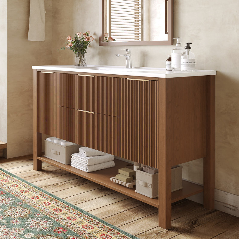 Meuble-lavabo de salle de bain de 122 cm avec lavabo en céramique intégrée, portes et tiroirs à fermeture amortie, meuble de rangement en kit.