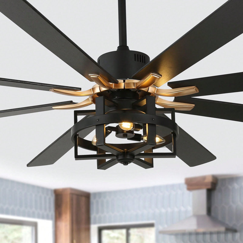 Hilde 65'' Industrial Large Ceiling Fan with Lights and Remote Control, Black Caged Reversible DC Motor Chandelier Ceiling Fan For Living Room