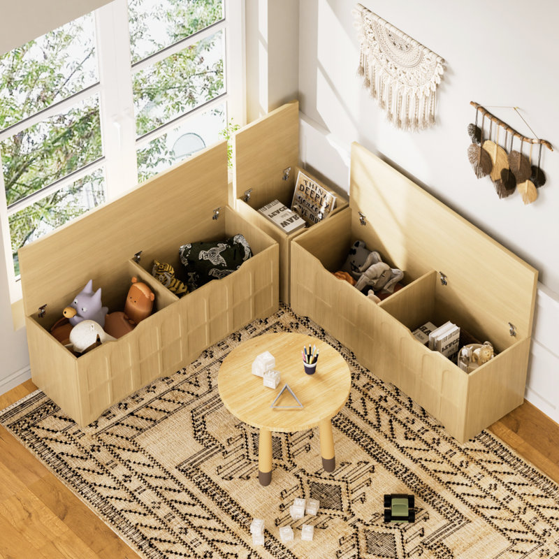 3-Piece L-Shaped Multifunctional Storage Bench With Padded Shoe Bench, Serves As A Kitchen Corner Stool, Toy Storage Box, Or Reading Nook Seat, Natural Color, 63"D X 63"W X 19.1"H