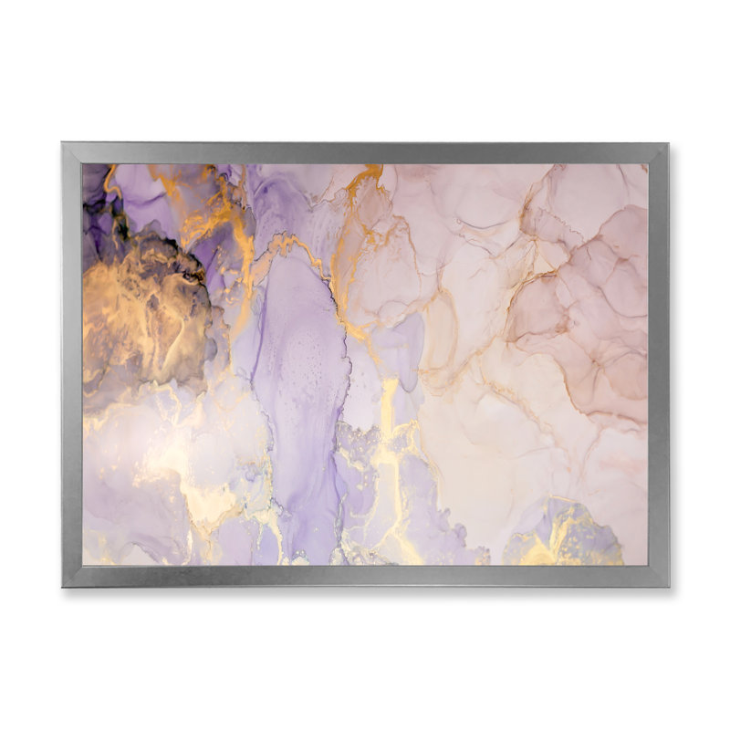 Luxe marbré doré et mauve, reproduction d'art sur toile flottante, Cadre photo argenté, H 12 po x l 20 po x P 1 po