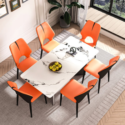 Table de salle à manger de luxe pour 6 à 8 personnes, plateau en marbre blanc avec base en acier inoxydable et chaises en pierre frittée rectangulaire 6