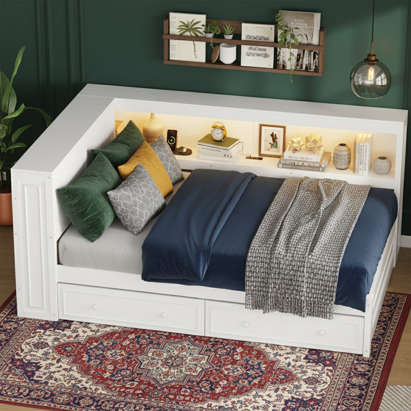  Full Size Wood Daybed with Bookcase and Charging Station - Storage Bed with 2 Drawers - White, White