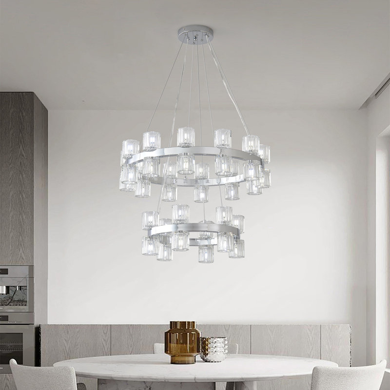 Lustre en cristal 30 lumières 2 anneaux, Nickel brossé