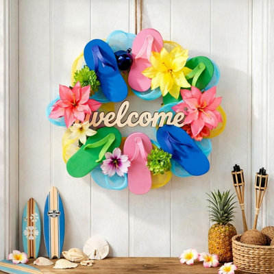 Été pantoufles porte couronne bienvenue panneau suspendu Flip Flop plaque Hello Summer porte d'entrée murale pour la cour intérieure