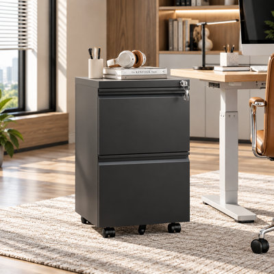 Bizoe Black 14.69" W 2-Drawer Locking Metal Mobile Vertical File Cabinet with Interlock and Full-Extension Drawers