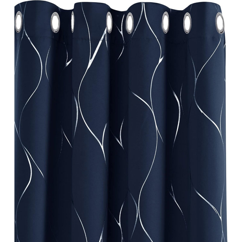 2 Panels Blackout Curtains Thermal Insulated Silver Wave Line Foil Printed 66 x 90 Inch(Width x Length), Navy Blue