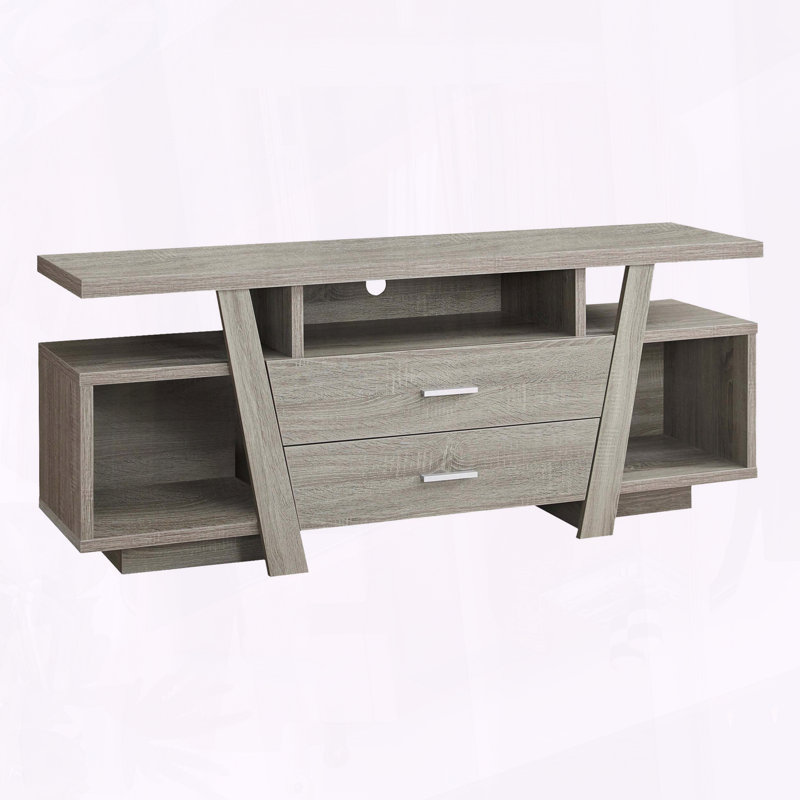 Meuble télé taupe foncé avec deux tiroirs de rangement et tablettes ouvertes