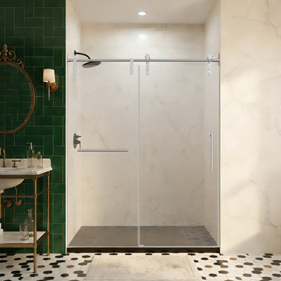 60" W x 76" H Frameless Single Sliding Shower Door with Towel Bar & Auxiliary Handle, 5/16" (8mm) SGCC Certified Tempered Glass