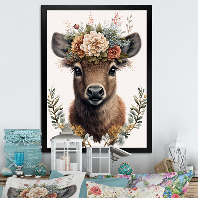 Mignon bébé bison avec couronne florale - animaux, art mural sur toile