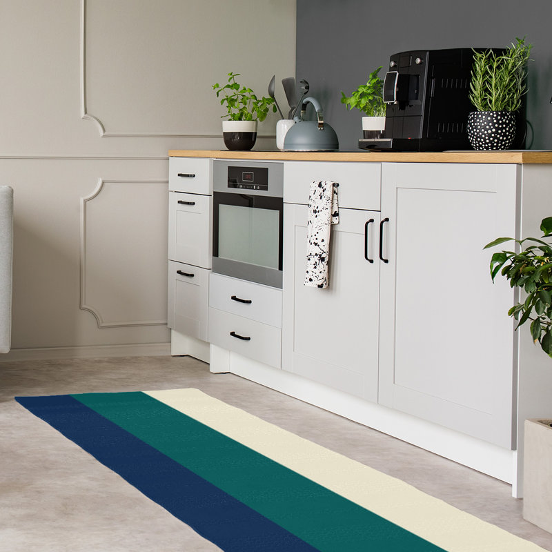 Tapis à rayures bleu marine/vert/crème Seattle, Tapis de couloir 2 pi 6 po x 8 pi