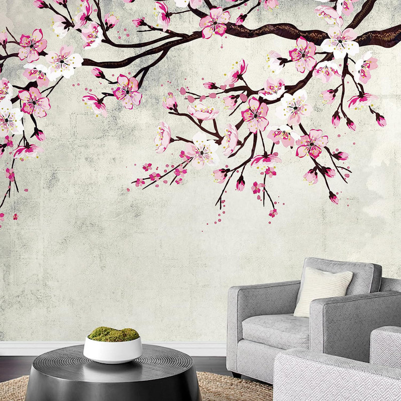 Peinture à l'encre de style aquarelle sur fond de cerisier rose, L 66 po x l 96 po