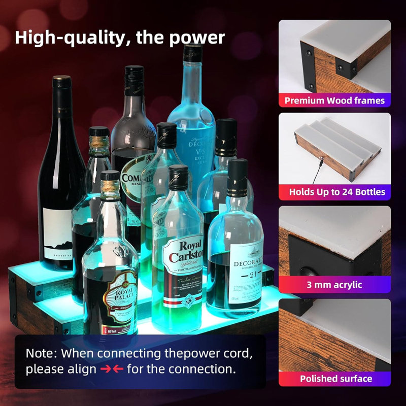 Paquet de 2 tablettes de présentation éclairées à DEL intelligentes, tablette de bar éclairée à 3 niveaux avec application et télécommande, synchro de musique, minuterie pour le rangement du whisky et des bouteilles
