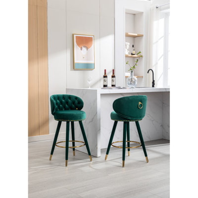 2 tabourets de bar à hauteur de comptoir, pieds en bois massif, assise élégante en mousse de velours, revêtement élégant