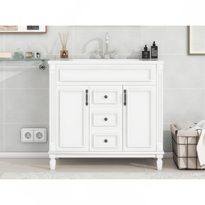 Meuble-lavabo 36 po avec lavabo supérieur, armoire de rangement moderne avec 2 portes à fermeture douce et 2 tiroirs, meuble-lavabo simple