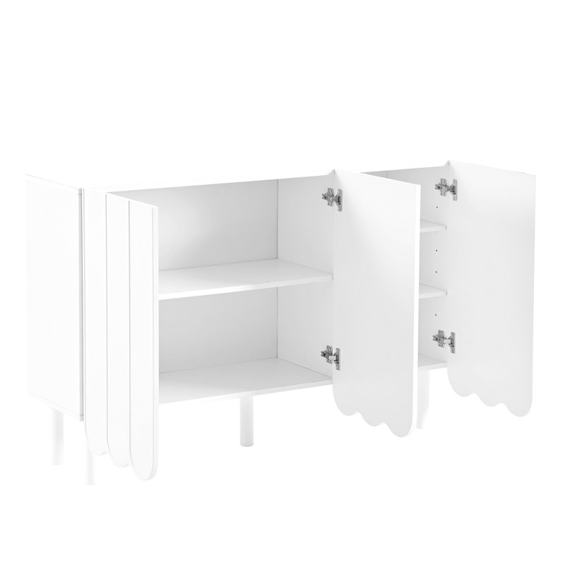 Armoire à chaussures minimaliste de style crème avec 5 pieds en bois massif, armoire buffet avec tablettes réglables, grande armoire de rangement avec portes ondulées pour le salon
