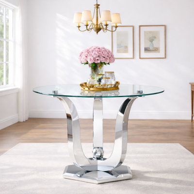 38.9" Round Glass Dining Table, Modern Clear Kitchen table, 0.31" Thick Tempered Glass Tabletop with Gloss Stainless Steel, for Dining & kitchen and Small Space