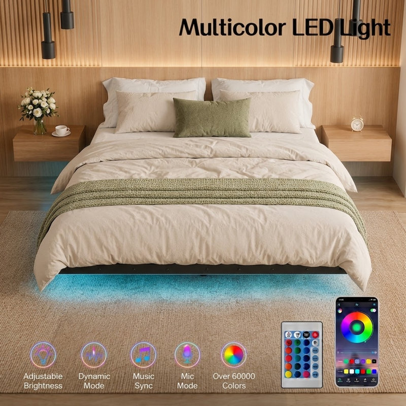 Lit flottant avec lumières DEL et chargement USB, aucun sommier nécessaire, Très grand lit