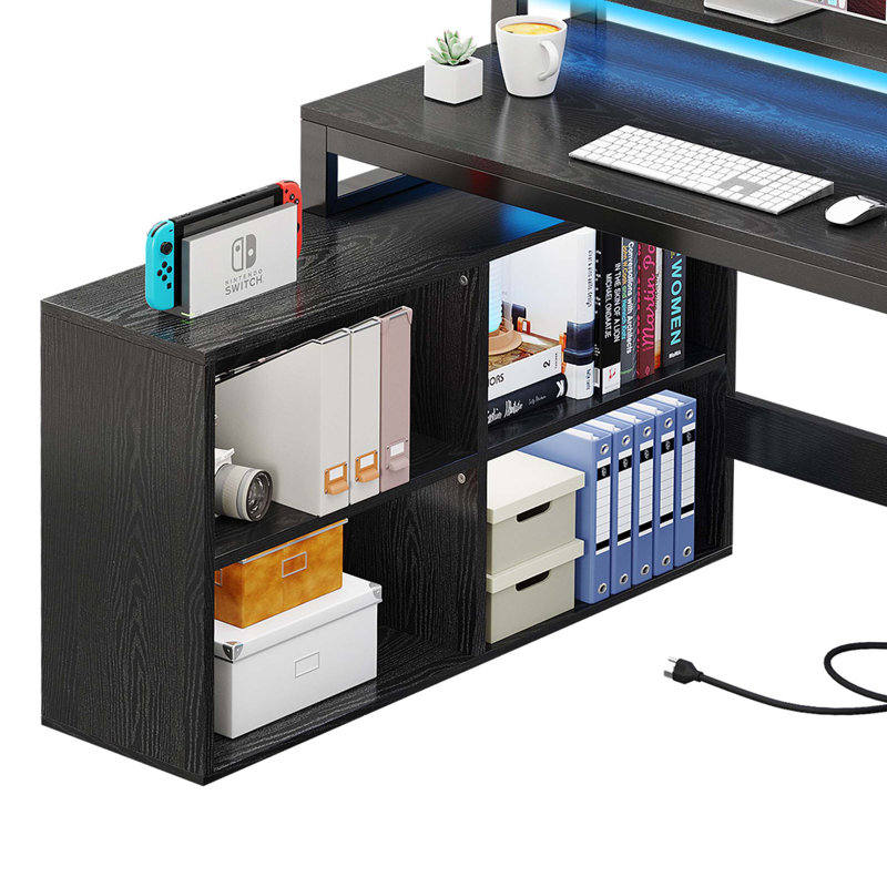 Black Engineered Wood L-Shaped Corner Desk with Power Outlets and USB Ports