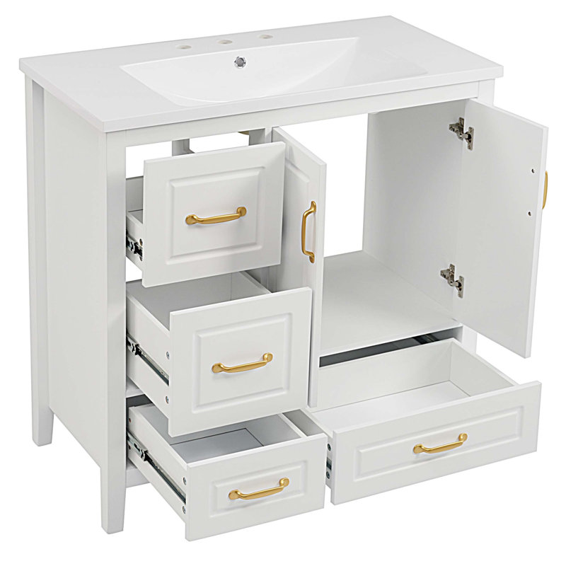 Meuble-lavabo de salle de bain avec lavabo, une armoire avec portes à fermeture douce et 4 tiroirs à fermeture douce, Blanc