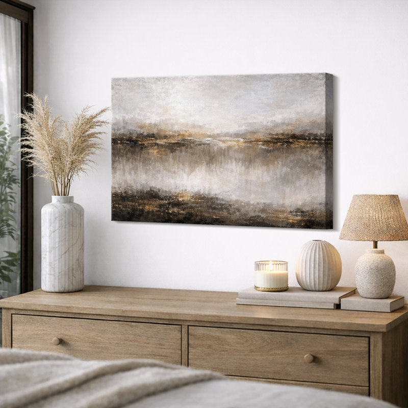 Abstrait, horizon doré neutre, œuvre d'art de paysage moderne, images de chambre à coucher moderne, impression sur toile encadrée