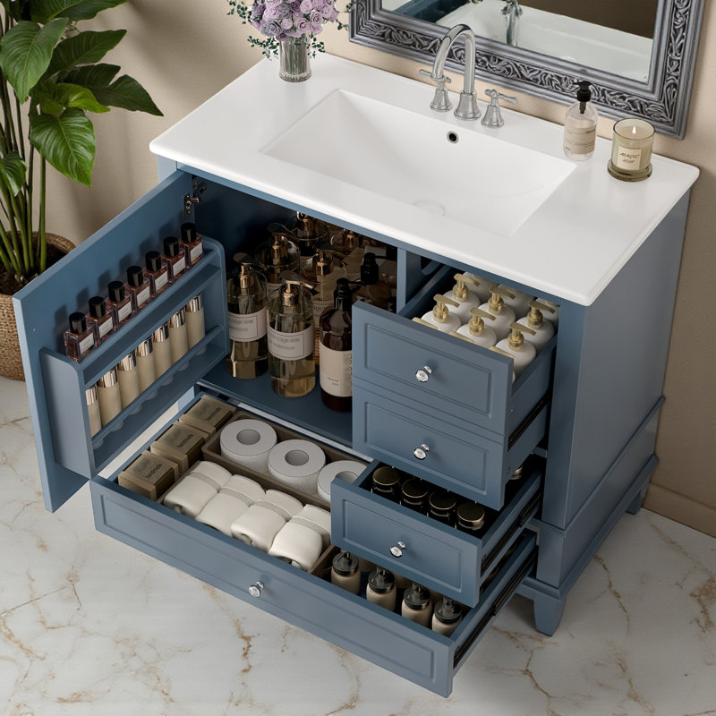 36" Single Bathroom Vanity Set With Ceramic Top, Blue