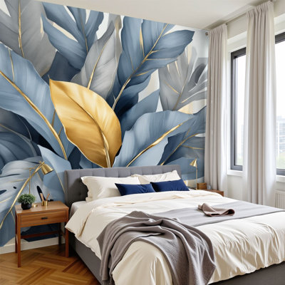 Papiers peints et adhésifs élégants décoratifs muraux feuilles d'or tropicales bleues H 100 po x l 144 po papier adhésif amovible en PVC pour décoration de salon
