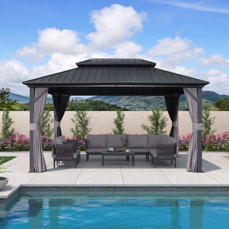 Pavillon de jardin d'extérieur en aluminium pourpre 10 pi x 14 pi avec double toit en acier galvanisé robuste pour terrasse de patio, filet et rideaux inclus, gris