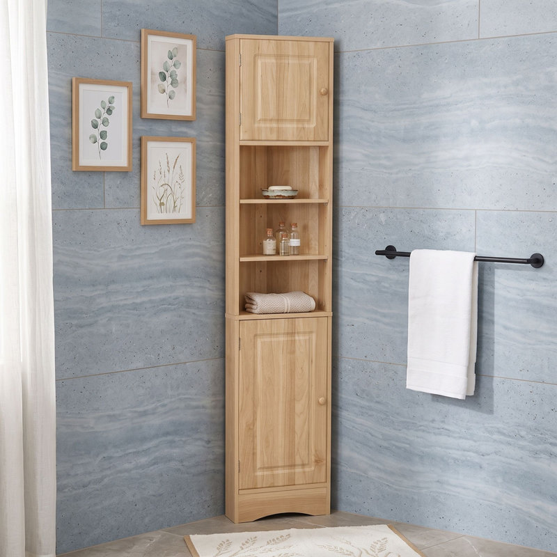 Meuble de rangement en coin triangulaire haut pour salle de bain, avec 2 portes, 3 tablettes ajustables et dispositif anti-basculement