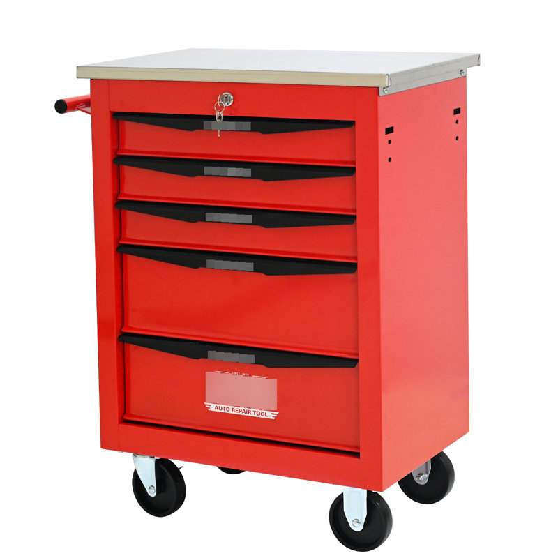 5 tiroirs, chariot à outils à roulettes en métal, roues, rouge et noir, verrouillable, poignée à tirer, glissière à roulement de 15 kg, voiture de rangement à 6 tiroirs pour atelier noir et bleu, amovible, 4 volants et 2 stationnements