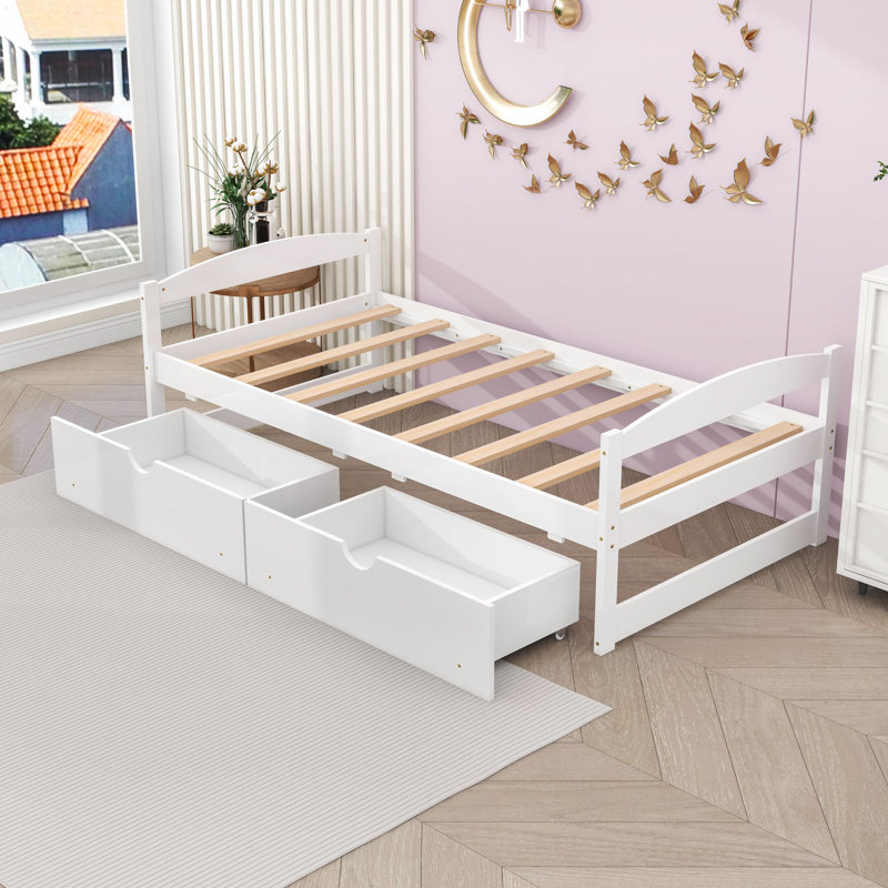 Lit plateforme simple avec rangement et tiroirs, Blanc