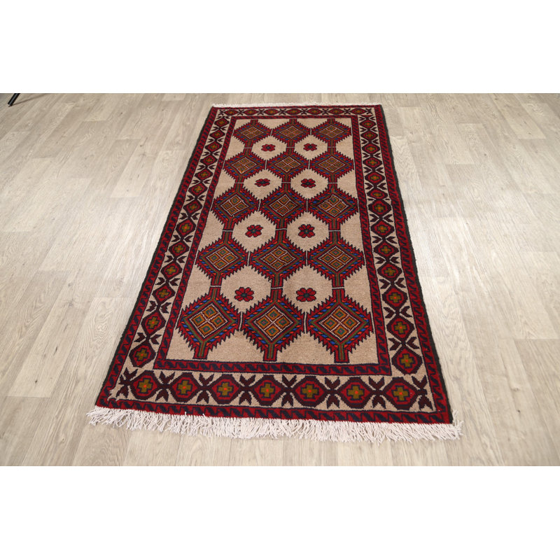 Tapis beige en laine noué à la main de conception unique 3 pi 3 po x 6 pi 3 po Caz