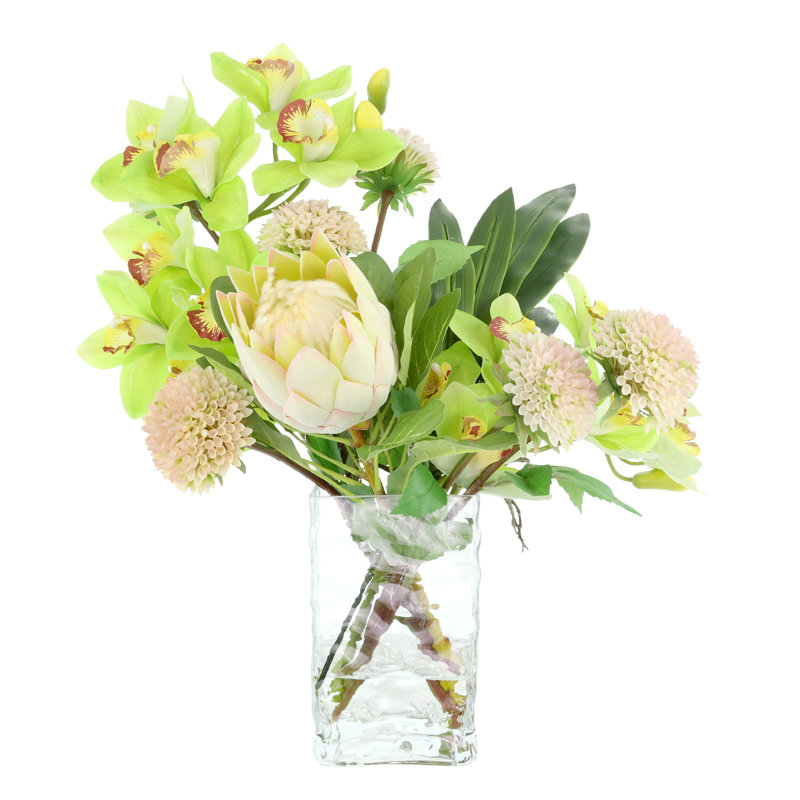 Dahlia, Protea and Orchid Arrangement in Glass Vase
