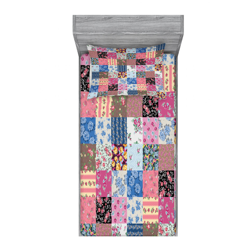 Microfiber Patchwork Sheet Set, Twin Sheet Set + Fitted Sheet + 2 Pillowcases, Pink Patchwork