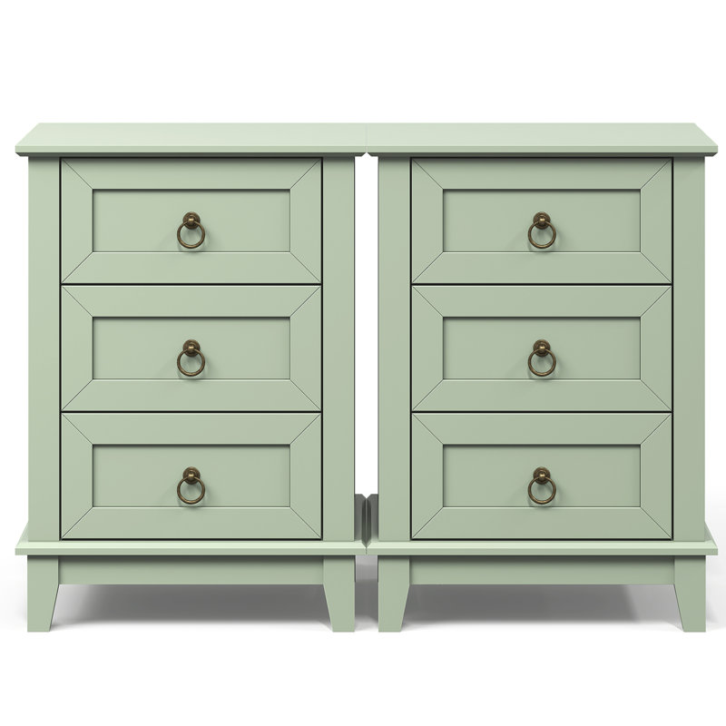 Modern 3-Drawer Wooden Nightstand Set Of 2, Tall & Narrow, Green