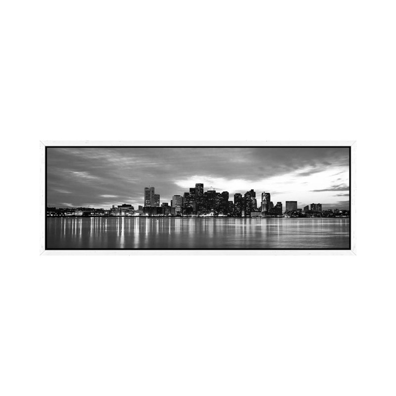 Boston Panoramic Skyline Cityscape (Black & White - Sunset) by Unknown Artist - Floater Frame Panoramic Gallery-Wrapped Canvas Giclée on Canvas