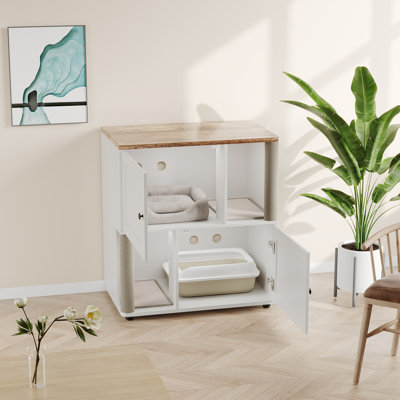 Enceinte pour chat pour 2 chats, litière cachée, double salle de bain moderne pour chats avec 2 grattoirs et poteau à griffer pour chat, table de bout pour le couloir du salon
