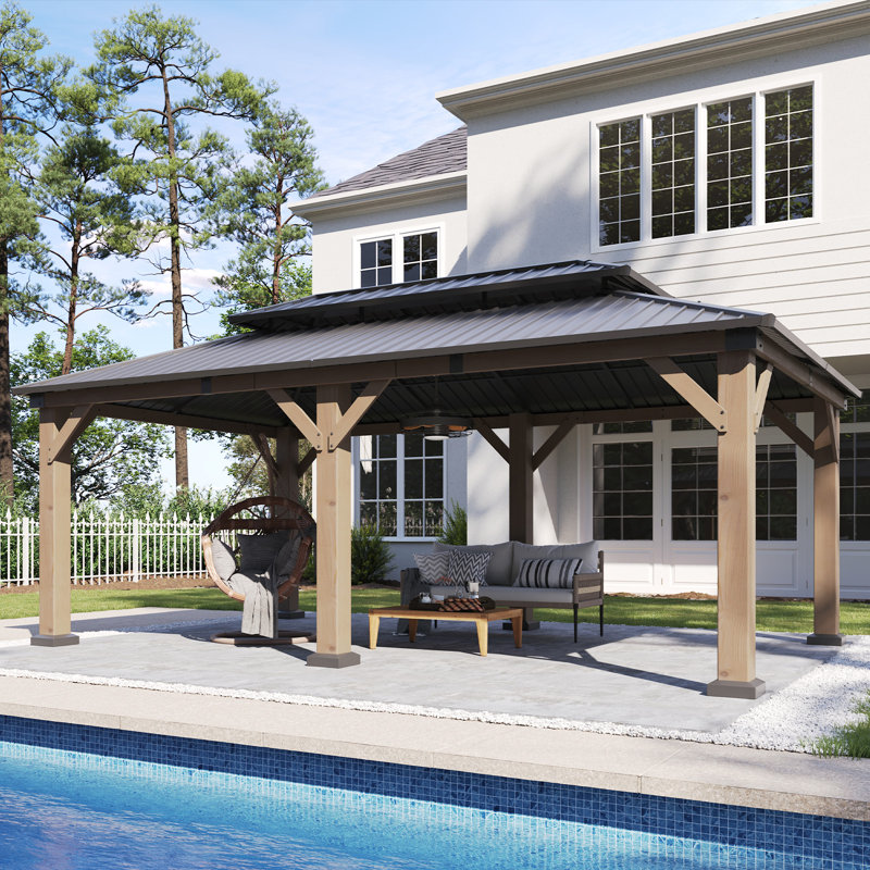 Pavillon de jardin en cèdre à toit rigide 20 'x 10' avec double toit en acier galvanisé pour patio, cour et terrasse