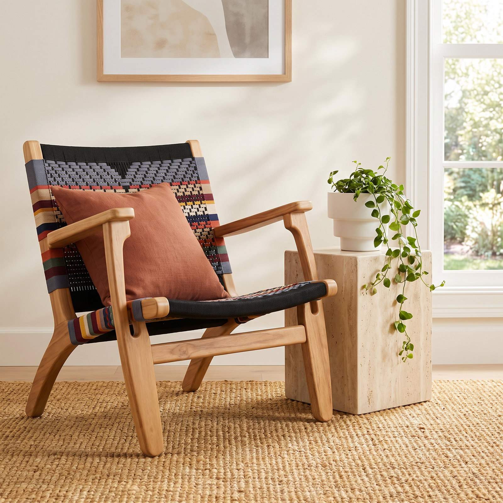 Masaya Upholstered Armchair, Teak San Geronimo Pattern, Natural