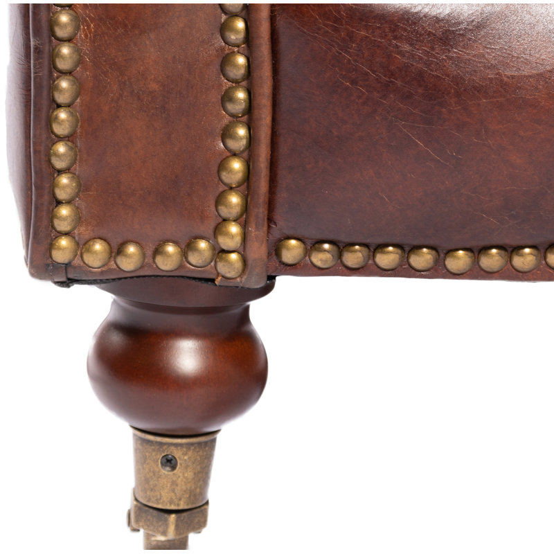 87" Genuine Leather Rolled Arm Chesterfield Sofa with Reversible Cushions, Brown Genuine Leather