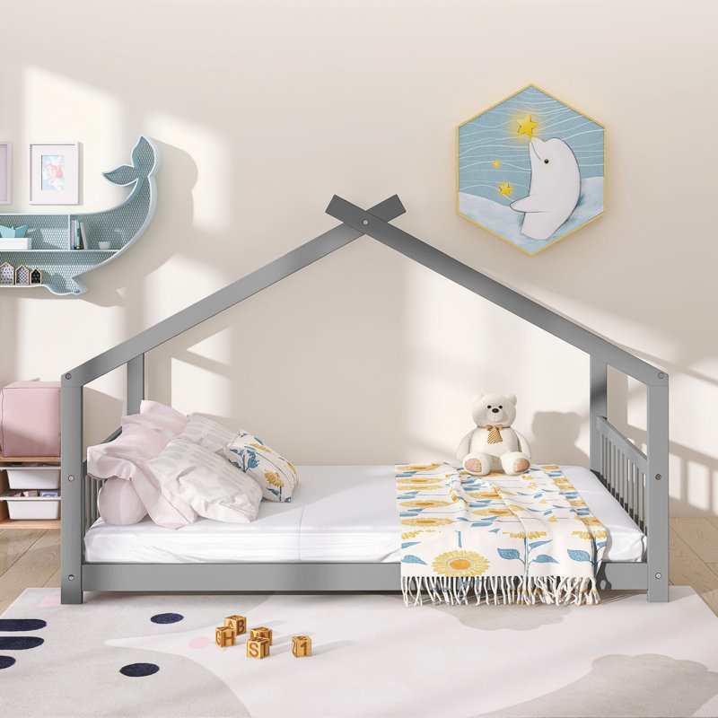Lit double en bois, gris, Gris, Lit double
