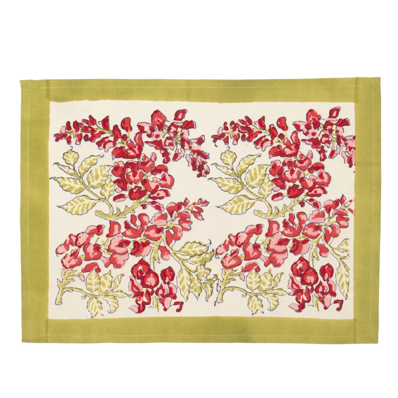 Wisteria 100% Cotton Floral Rectangle Placemat, Green/Pink