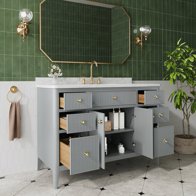 Ensemble de meuble-lavabo autoportant 48 po entièrement assemblé en bois massif avec plateau en marbre d'ingénierie entièrement assemblé