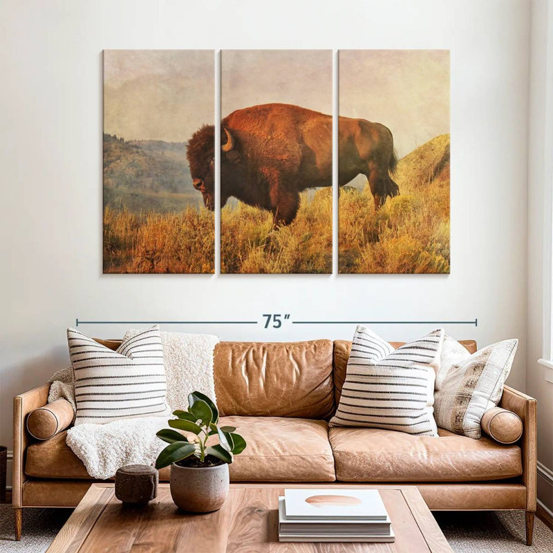 Bison sauvage sur le champ, H 42 po x l 65 po