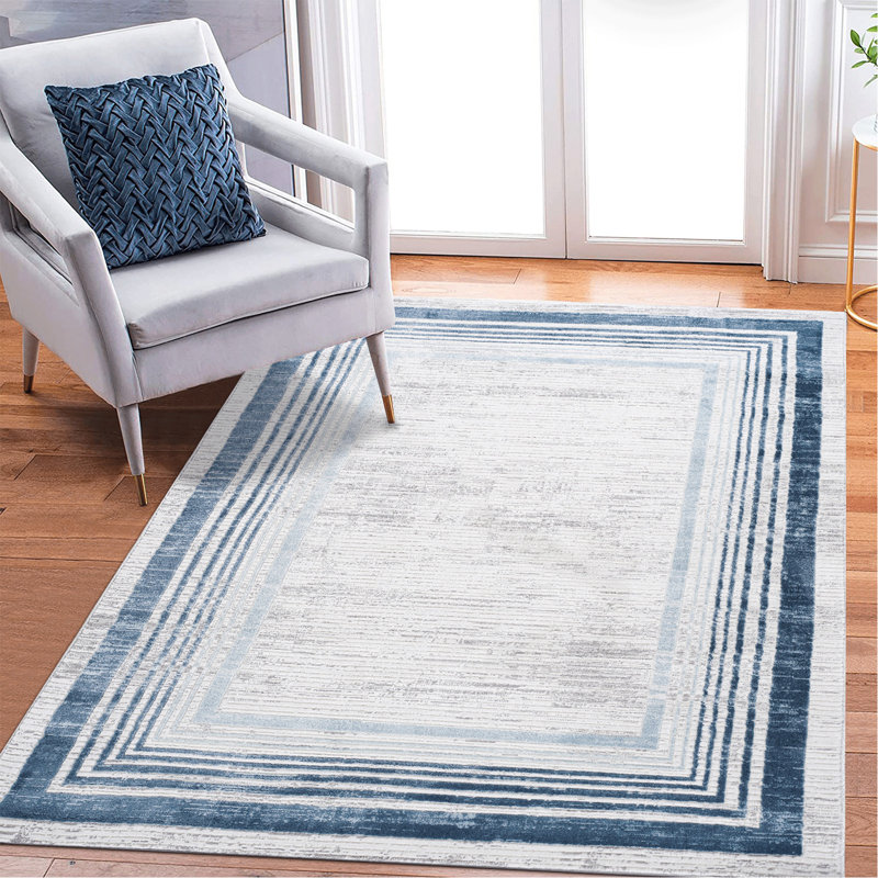 5X7 Blue / Ivory / Bordered Area Rug, Blue
