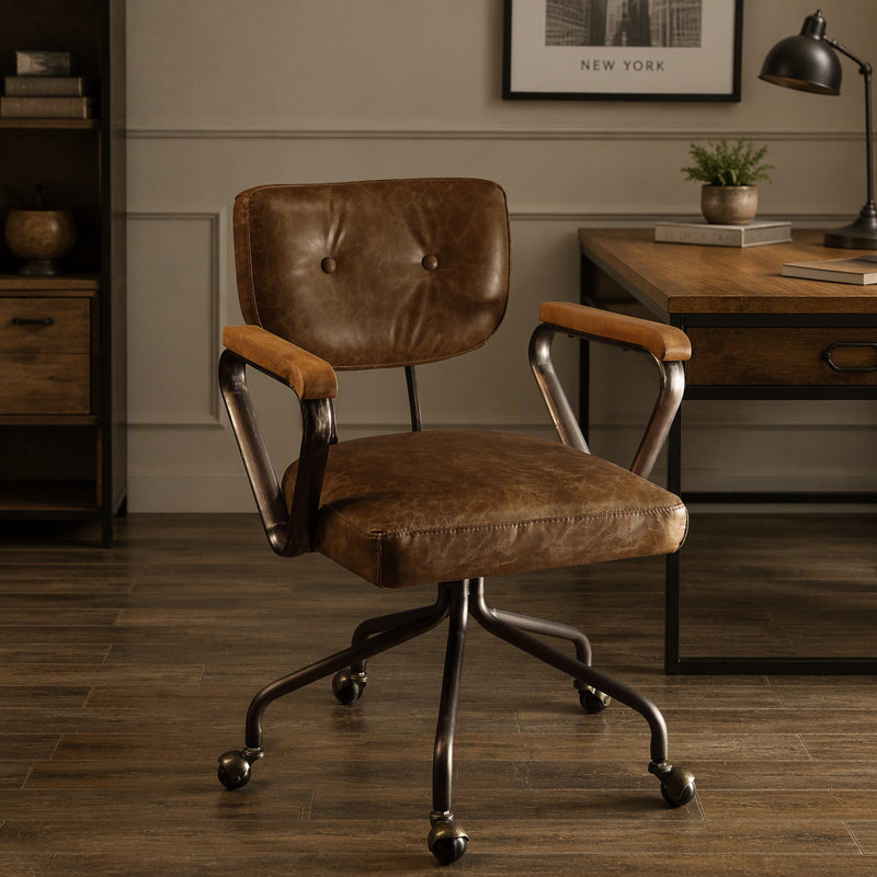 Fauteuil de bureau Hallie Vintage Whiskey en cuir pleine fleur avec hauteur et inclinaison réglables pour un confort d'assise optimal