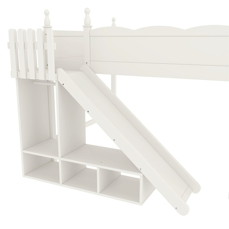 Lit mezzanine avec tablettes de rangement et petite armoire, lit mezzanine en bois avec glissière amovible et échelles