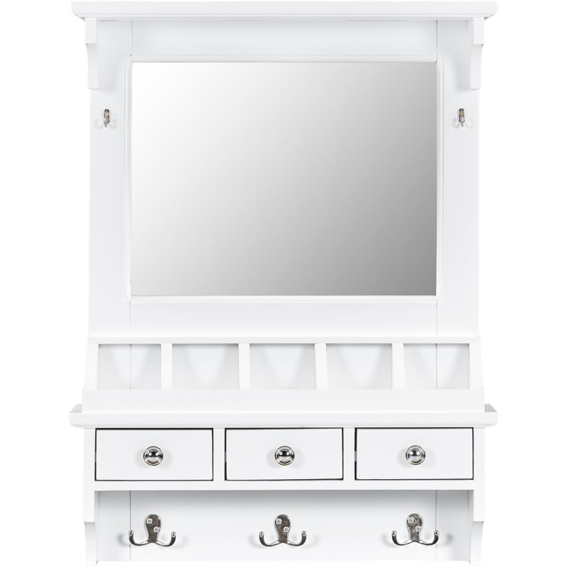 White Floating Makeup Vanity With 31.7 - Inch Hd Wall Mirror, Mounted Organizer 3 Drawers, 5 Pockets & Hooks For Small Spaces Vanity, Hooks, Mirror Compact Home Storage