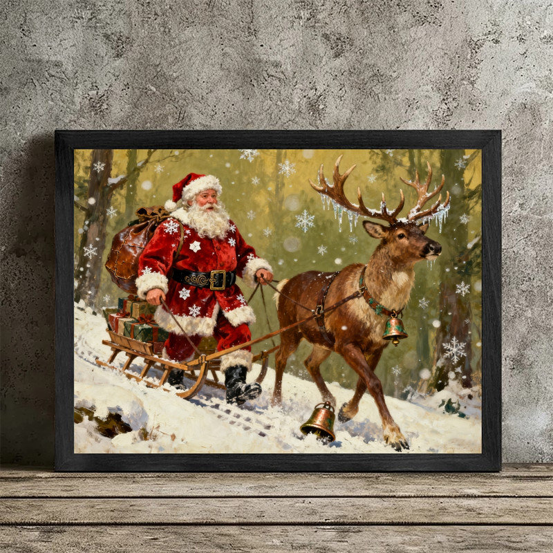 Art mural rétro noir avec père Noël et renne - impression encadrée de scène de Noël enneigée, H 11 po x l 9 po