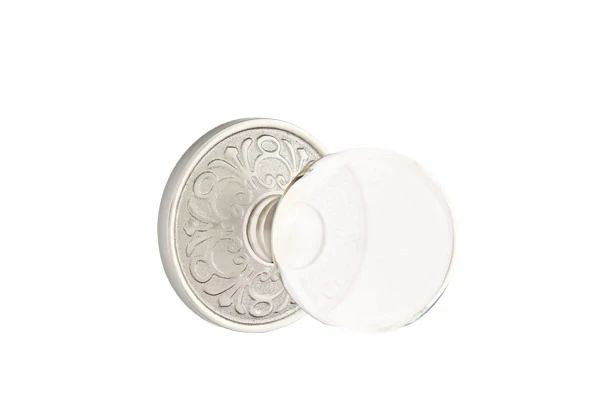 Ensemble de mortaise intérieure Emtek avec rosette Lancaster et poignée en verre Bristol (droite), Nickel satiné